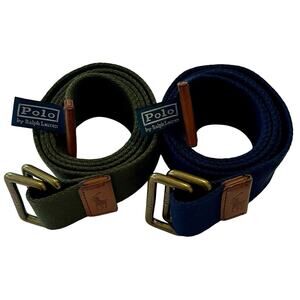 2 Polo Ralph Lauren Canvas Belt 43"Green Blue Metal Double Square Buckle Leather